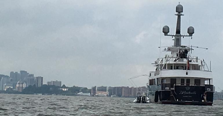 Super yacht for sale, Minderella, anchored in the Hudson River off New Jersey.